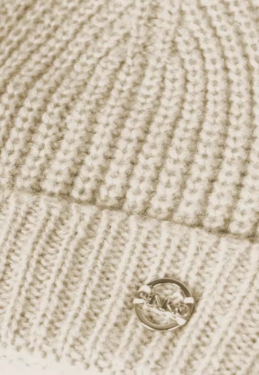 Cream Ribbed Beanie with Metal Logo Accent