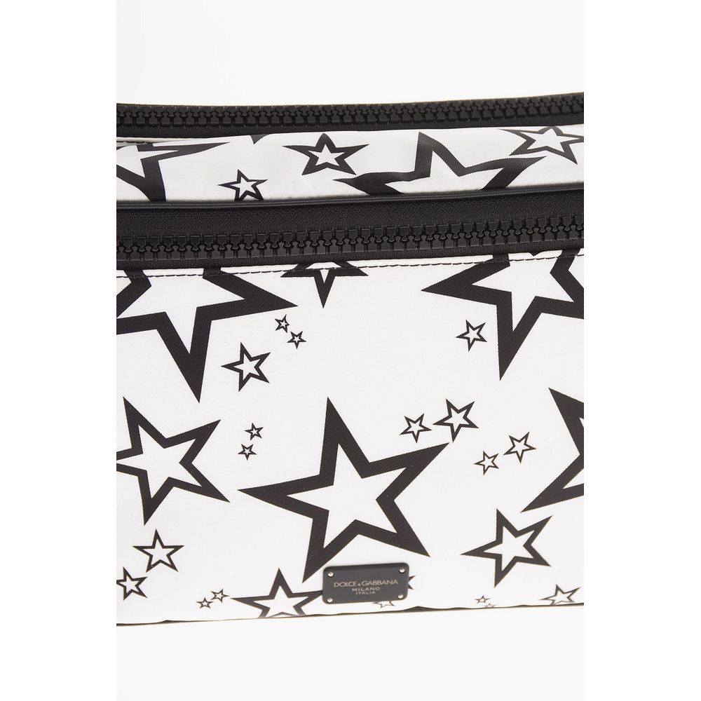 White Star-Print Nylon Messenger Bag with Calfskin