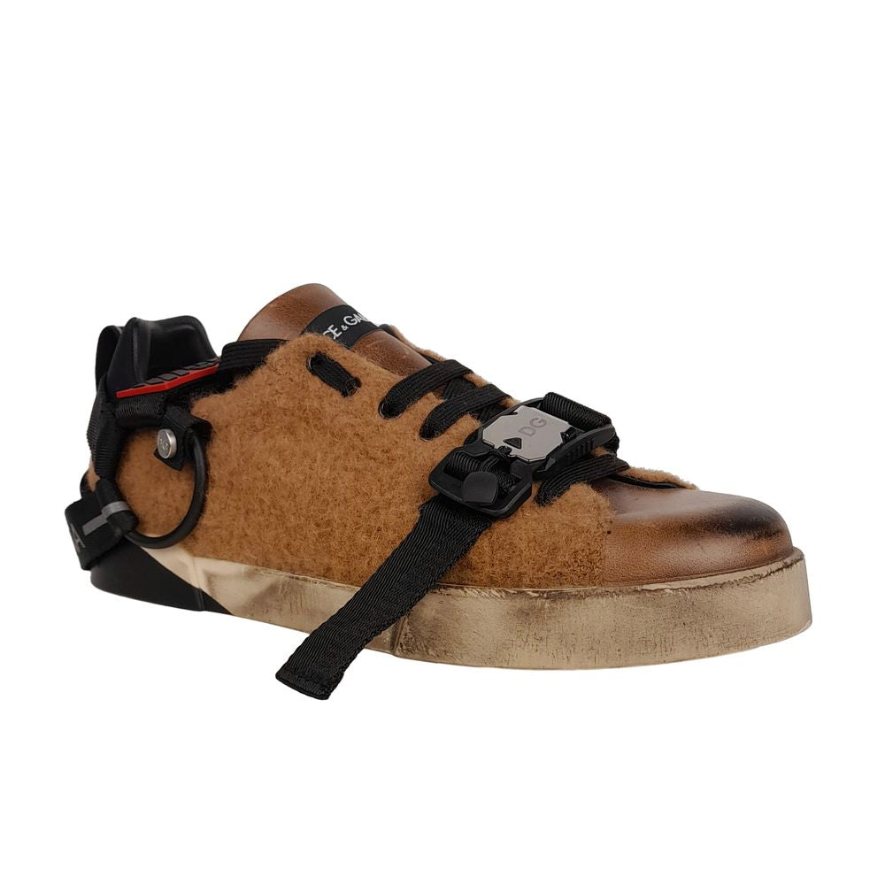 Elegant Low-Top Leather Wool Sneakers in Brown
