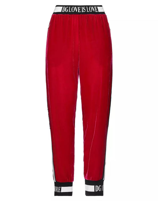Wine Red Velvet Pants with Contrast Logo Band