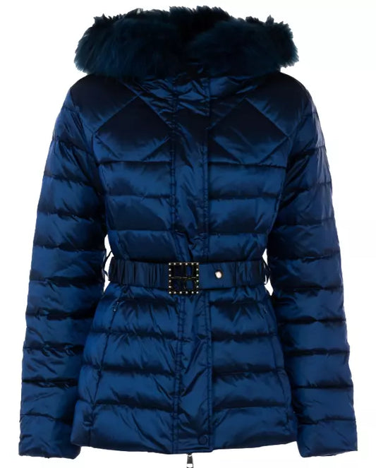 Chic Blue Short Down Jacket with Eco-Fur Hood