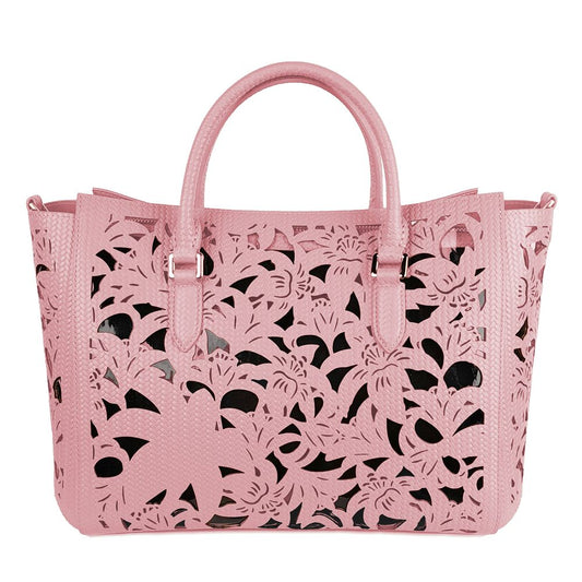 Floral Laser-Cut Calfskin Handbag in Pink