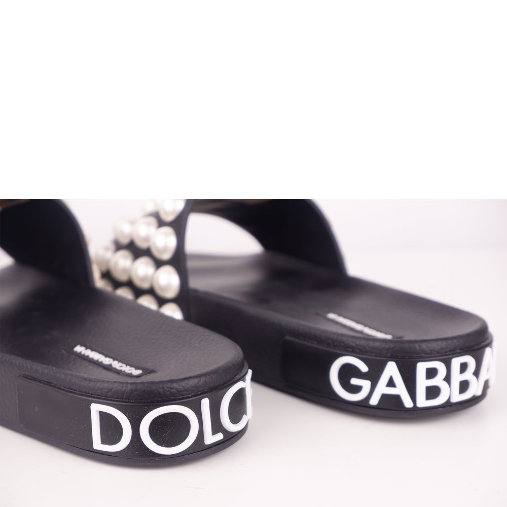 Chic Black Leather Slippers with Pearl Detail