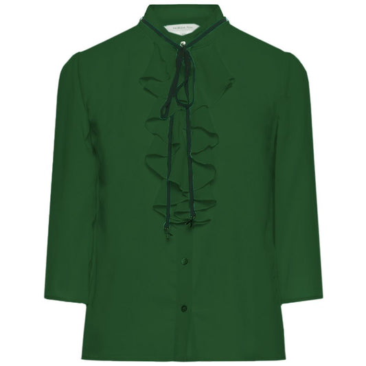 Elegant Green Crepe Blouse with Ruffle Accent