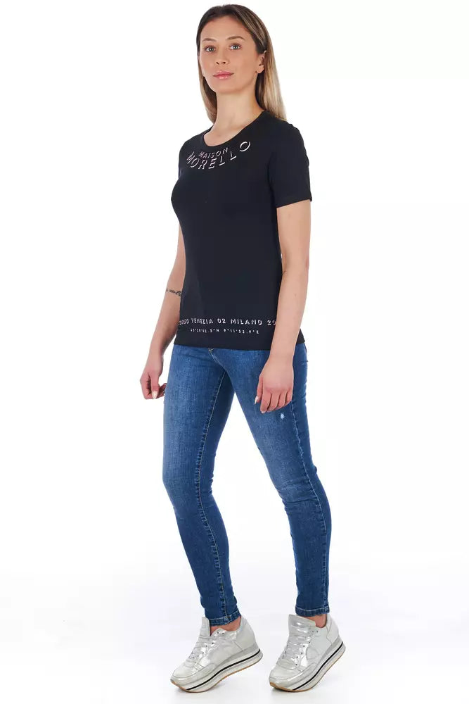 Sleek Black Cotton Blend Tee with Front Print