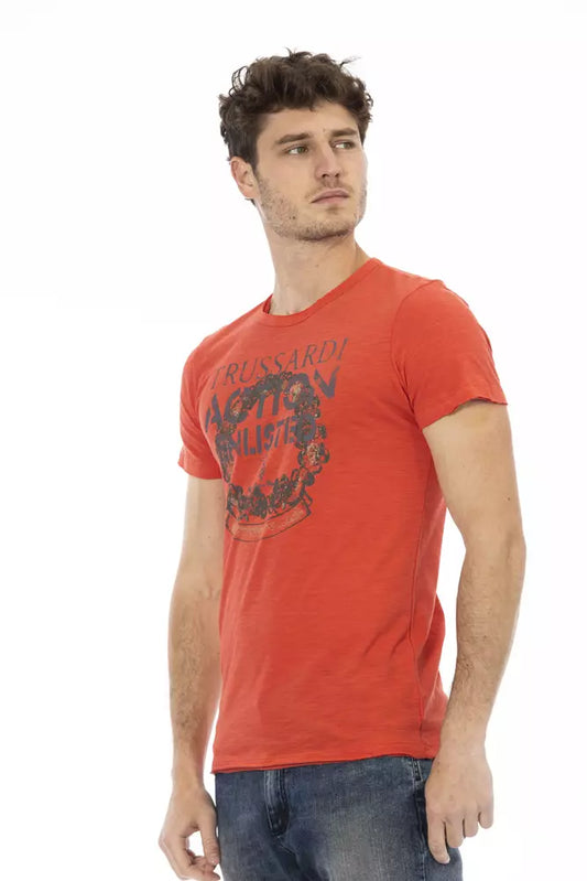 Sleek Red Round Neck Tee with Front Print