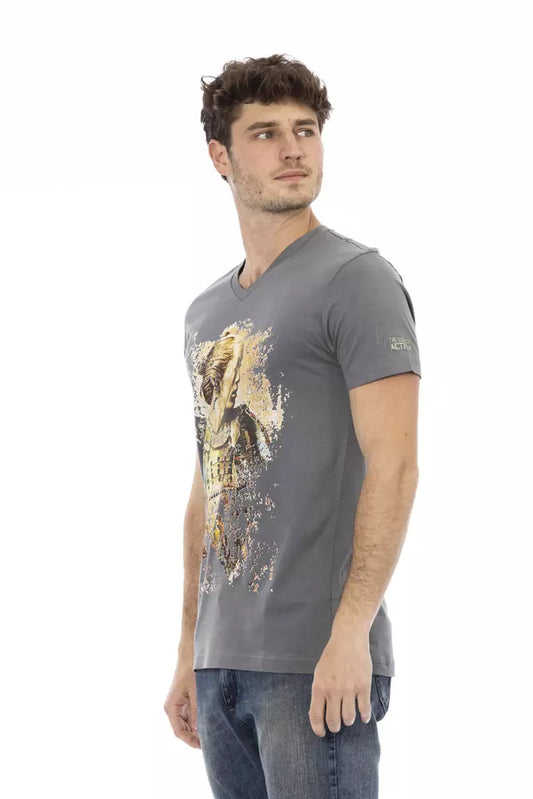 Chic V-Neck Gray Tee with Striking Front Print