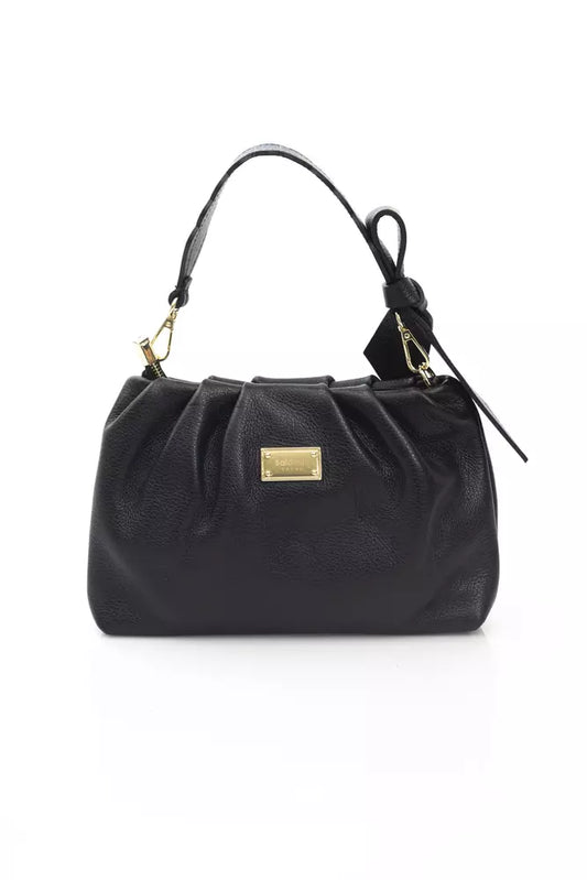 Elegant Black Leather Handbag with Golden Accents