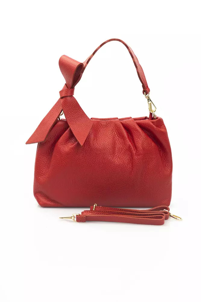 Elegant Red Leather Handbag with Golden Accents