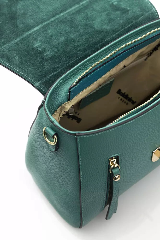 Elegant Green Leather Shoulder Bag with Golden Accents