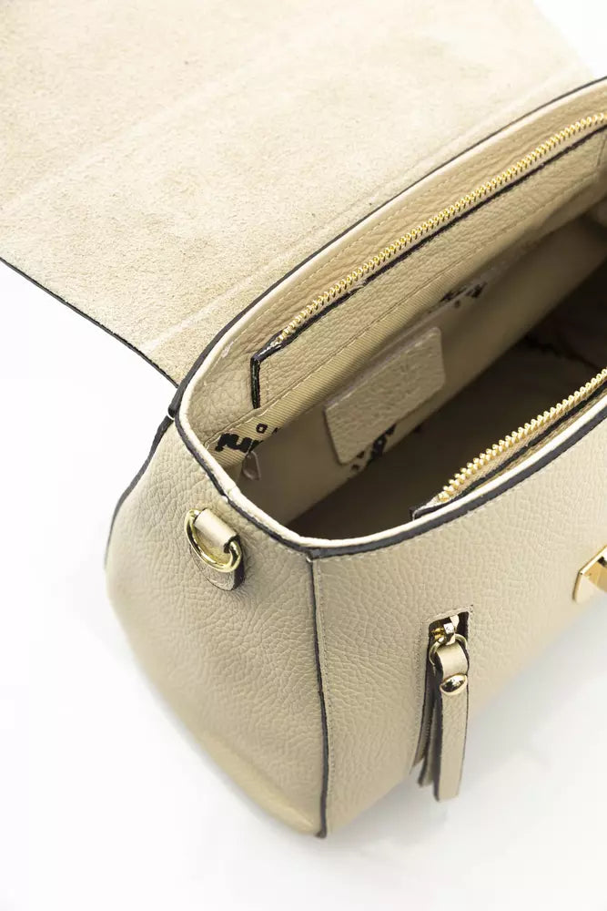 Elegant Beige Leather Shoulder Bag with Golden Accents