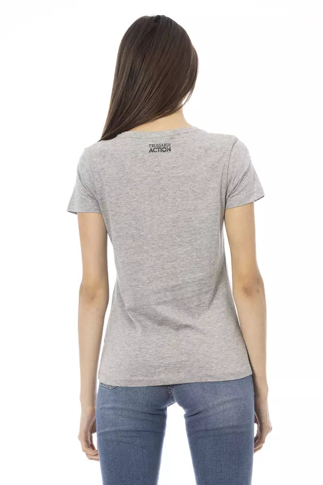 Chic Gray Round Neck Cotton Tee with Print