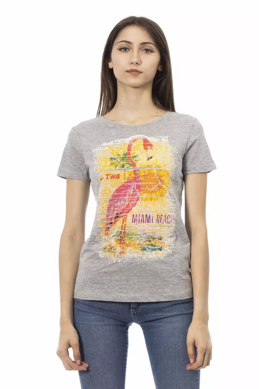 Chic Gray Cotton Blend Tee with Artistic Print
