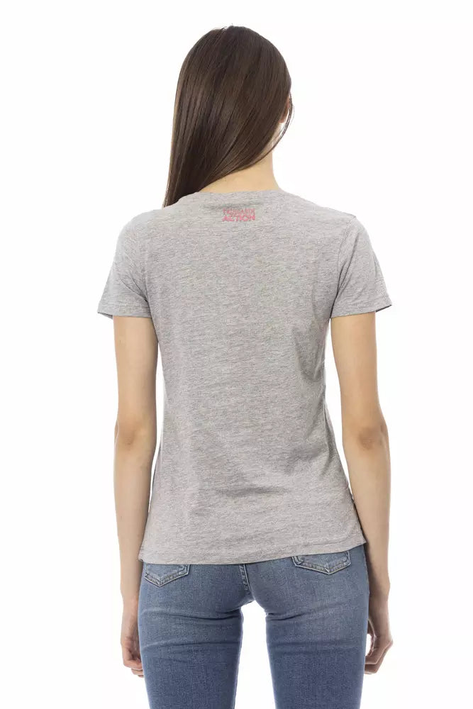 Chic Gray Cotton Blend Tee with Artistic Print