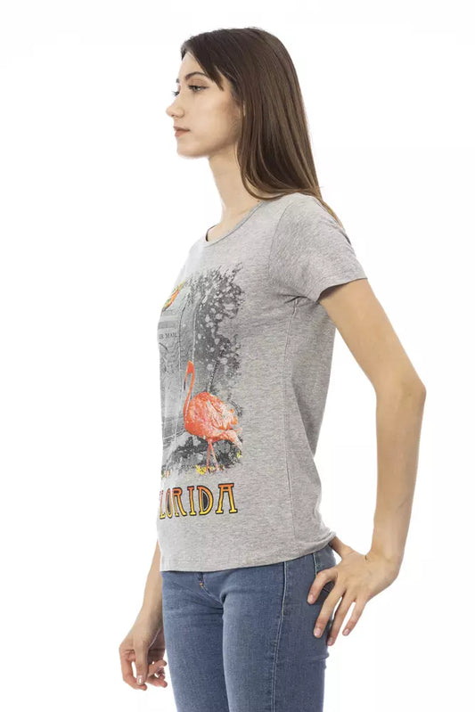 Chic Gray Round Neck Tee with Front Print