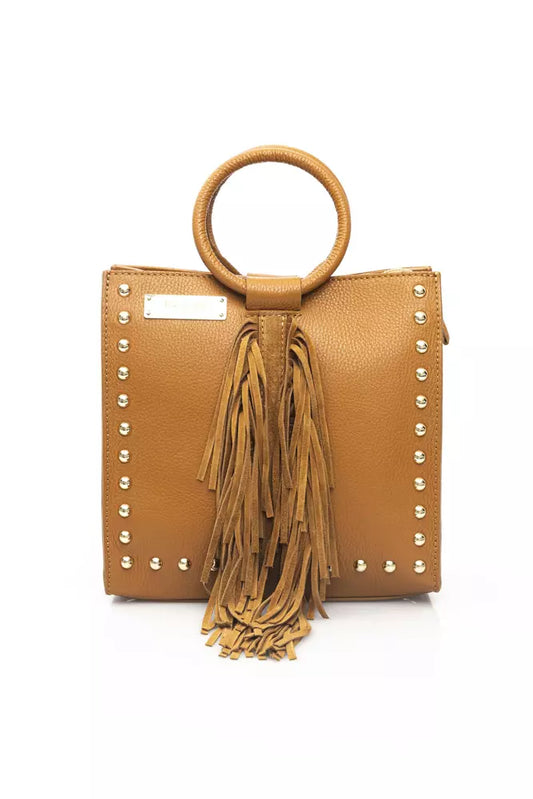Beige Leather Tassel Shoulder Bag - Golden Accents