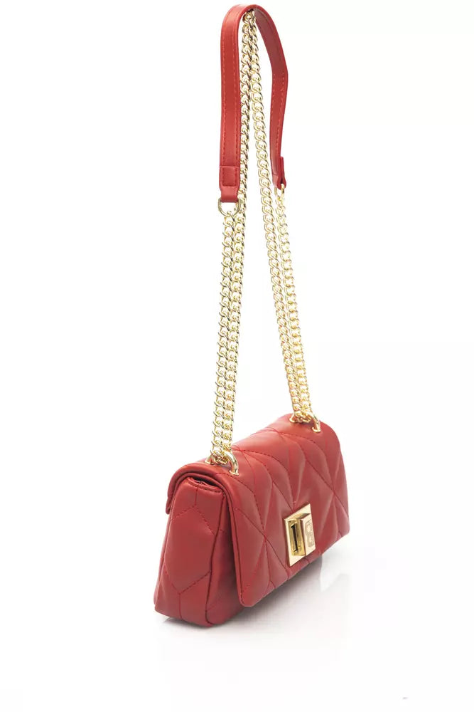 Chic Red Leather Shoulder Flap Bag with Golden Accents