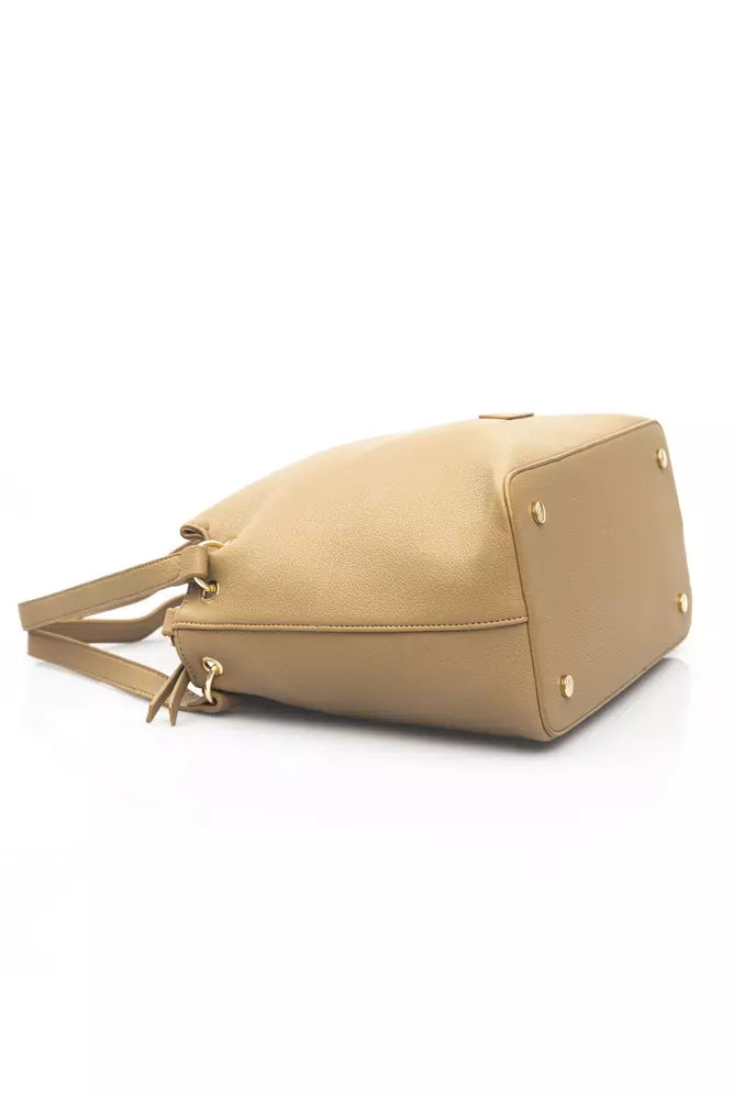 Beige Zip Shoulder Bag with Golden Details