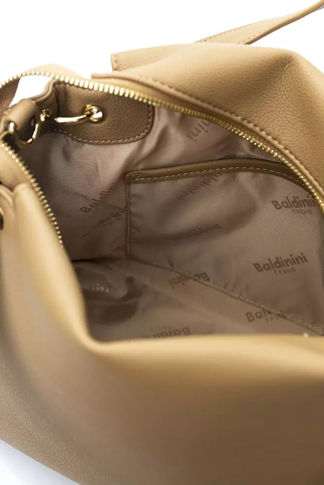 Beige Zip Shoulder Bag with Golden Details