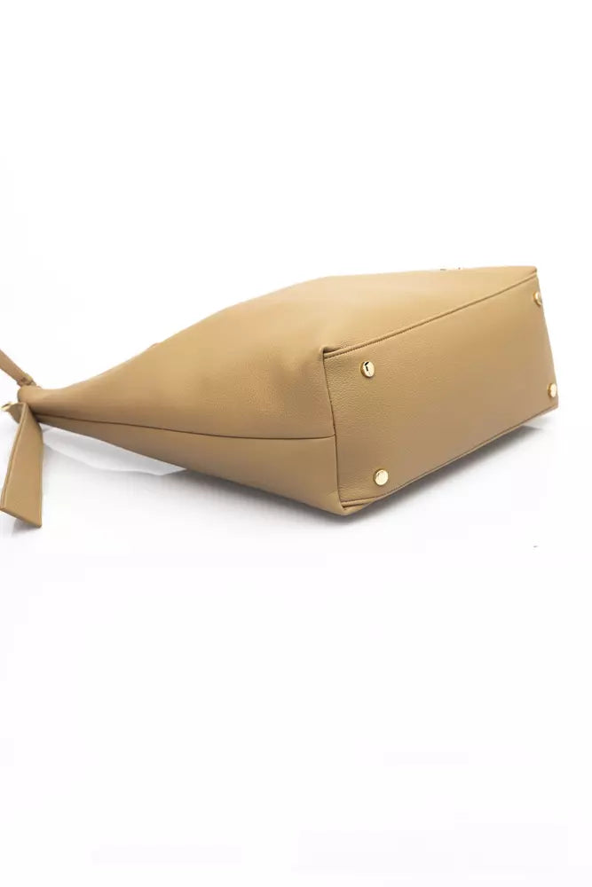 Elegant Beige Shoulder Bag with Golden Accents