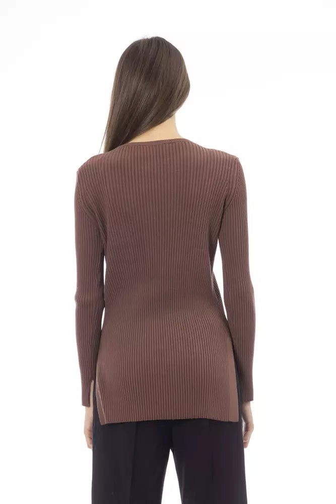 Chic Brown Side-Slit Sweater with Button Details