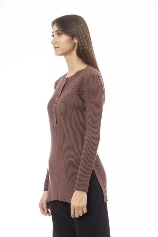 Chic Brown Side-Slit Sweater with Button Details