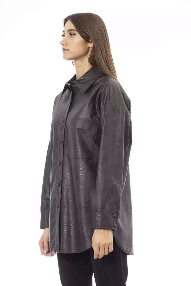 Chic Brown Leatherette Shirt with Pocket Detail