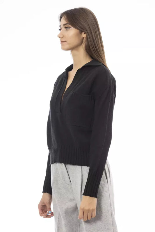 Elegant V-Neck Black Sweater with Ribbed Trims