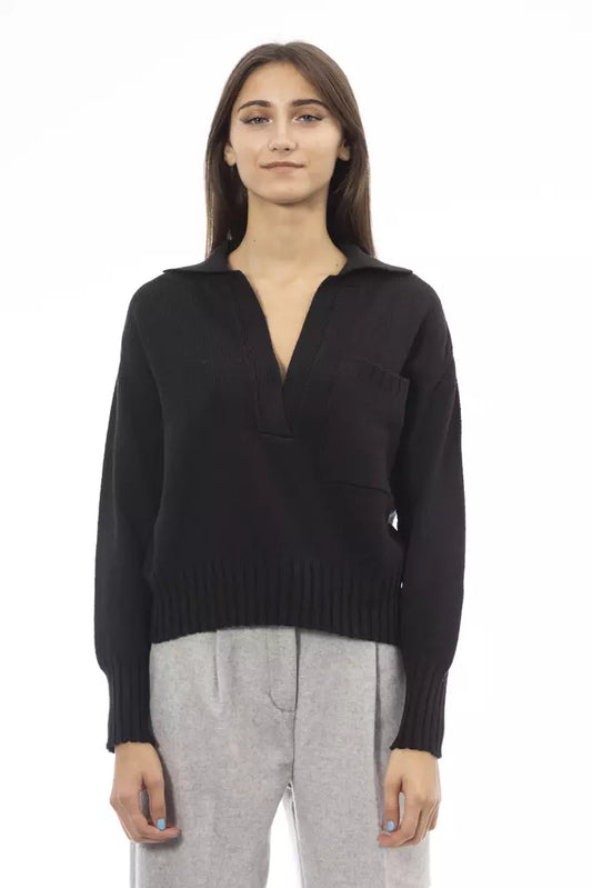 Elegant V-Neck Black Sweater with Ribbed Trims