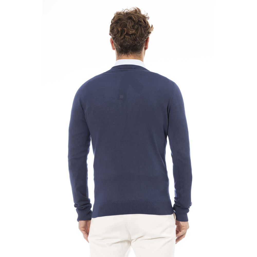 Elegant V-Neck Ribbed Blue Sweater