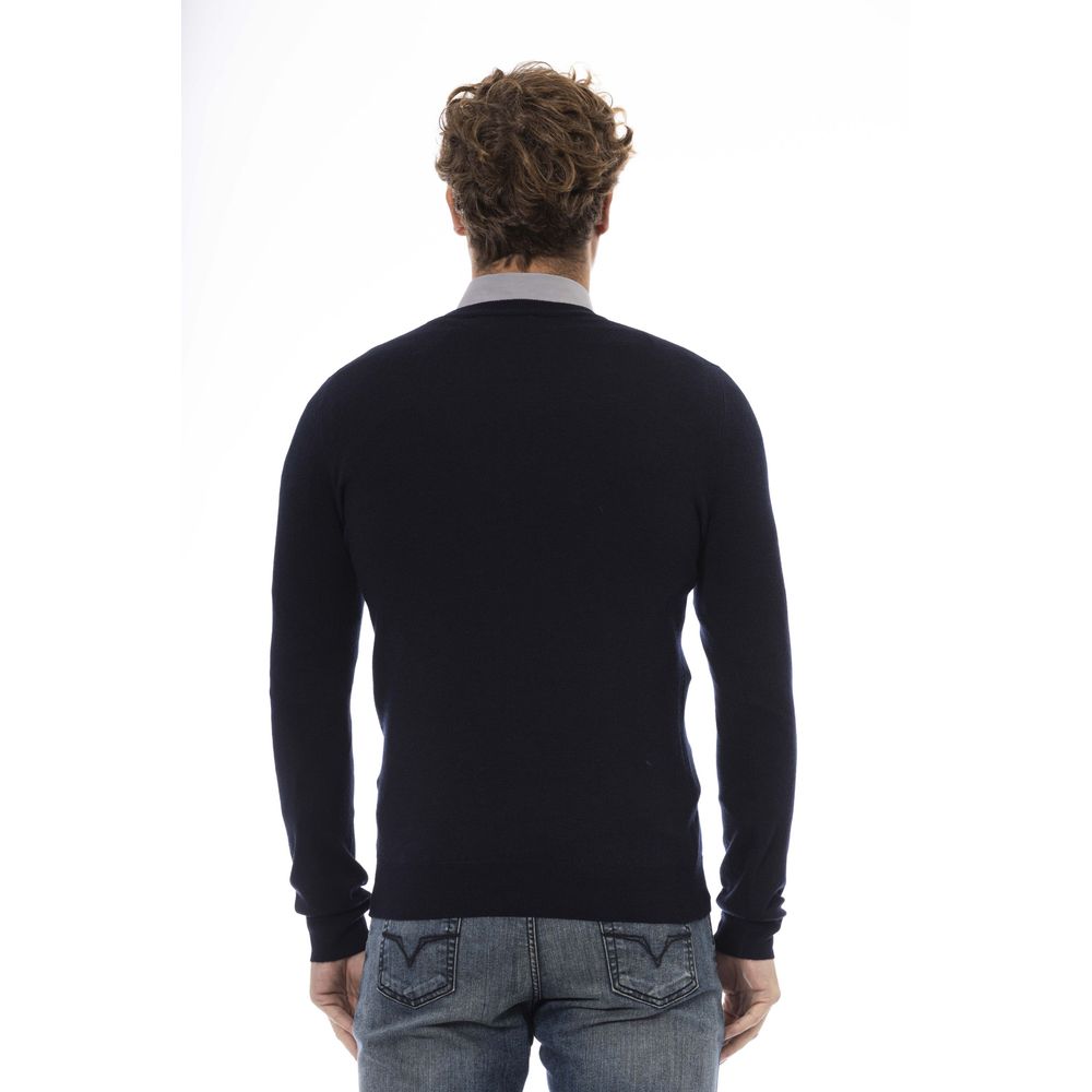 Elegant Blue V-Neck Wool-Blend Sweater