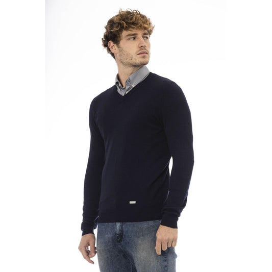 Elegant Blue V-Neck Wool-Blend Sweater