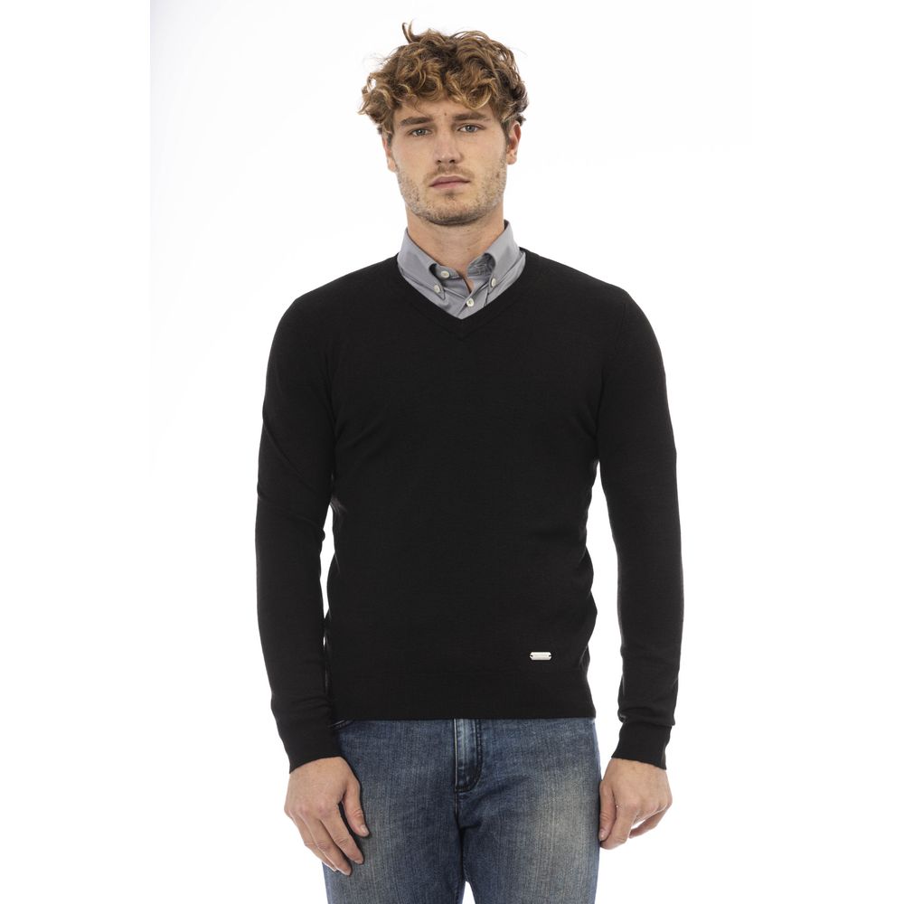 Elegant V-Neck Wool Sweater - Long Sleeves, Ribbed Accents
