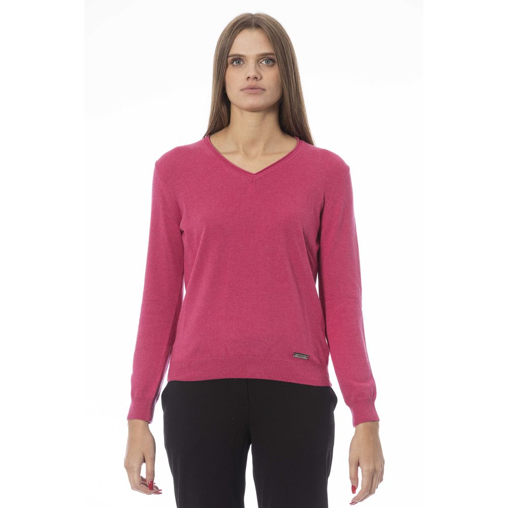 Fuchsia V-Neck Ribbed Knit Cashmere Sweater