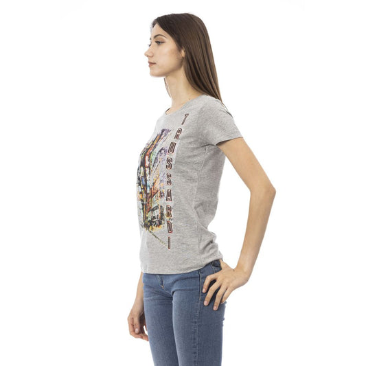 Chic Gray Cotton Blend Tee with Unique Print