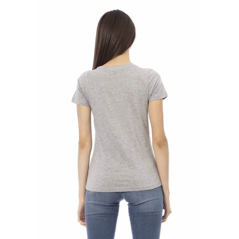 Chic V-Neck Grey Tee with Front Motif