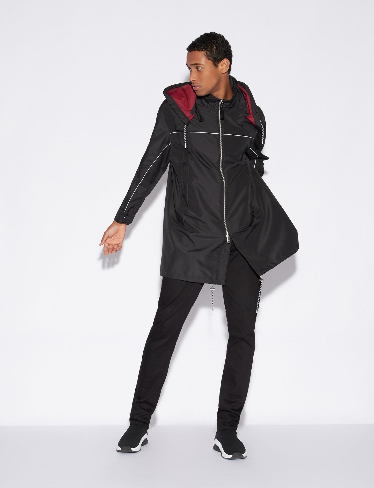 Sleek Double-Faced Hooded Trench in Black