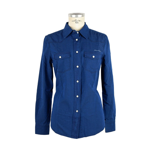 Elegant Blue Cotton Blouse With White Buttons