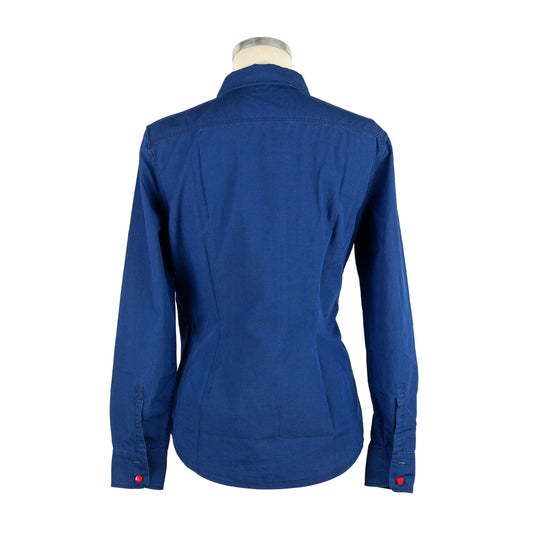 Elegant Blue Cotton Blouse with Red Buttons
