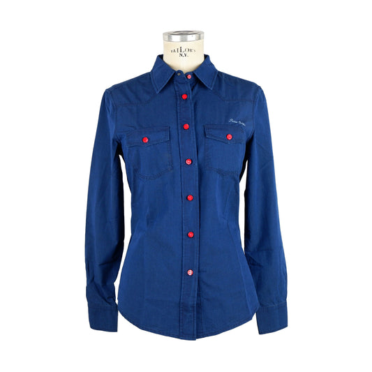 Elegant Blue Cotton Blouse with Red Buttons