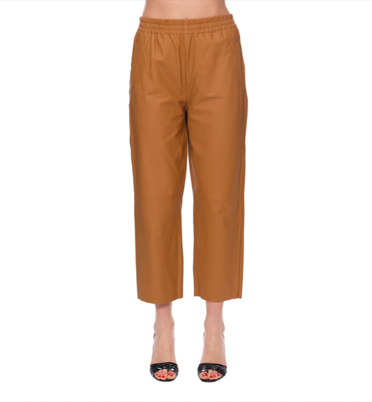 Chic High-Waisted Lambskin Trousers in Brown