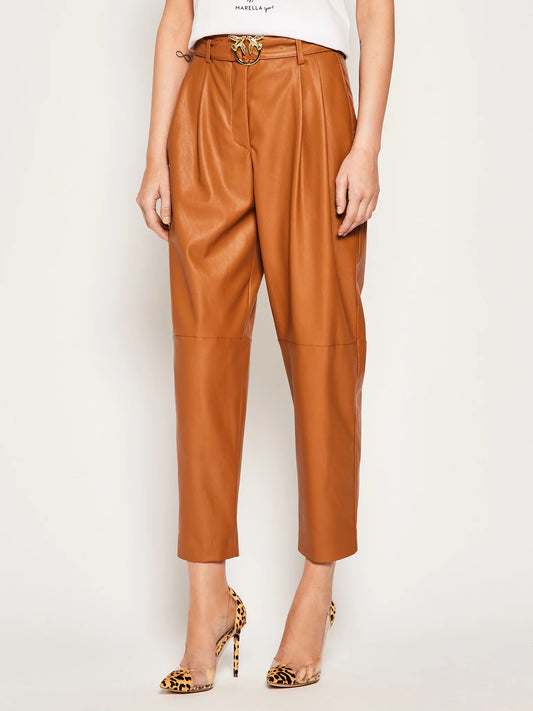 Chic Coated Faux Leather Pants with Logo Belt