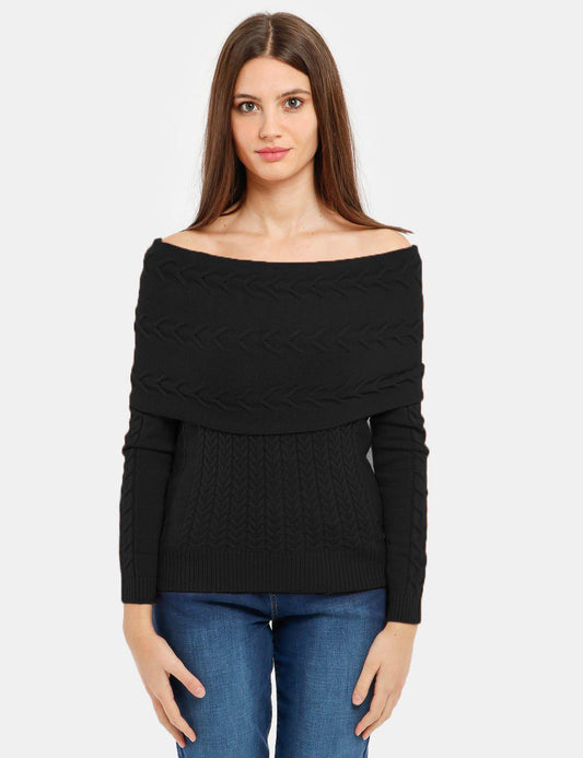 Chic Black Wide Neck Sweater with Logo Detail
