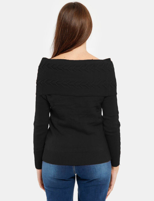 Chic Black Wide Neck Sweater with Logo Detail