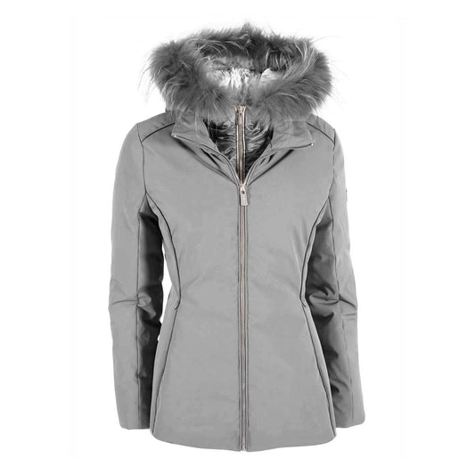 Chic Gray Down Jacket with Fur-Trimmed Hood