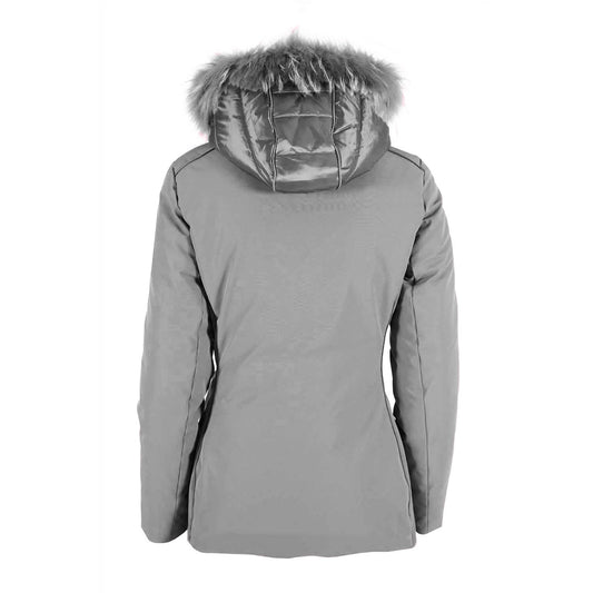 Chic Gray Down Jacket with Fur-Trimmed Hood