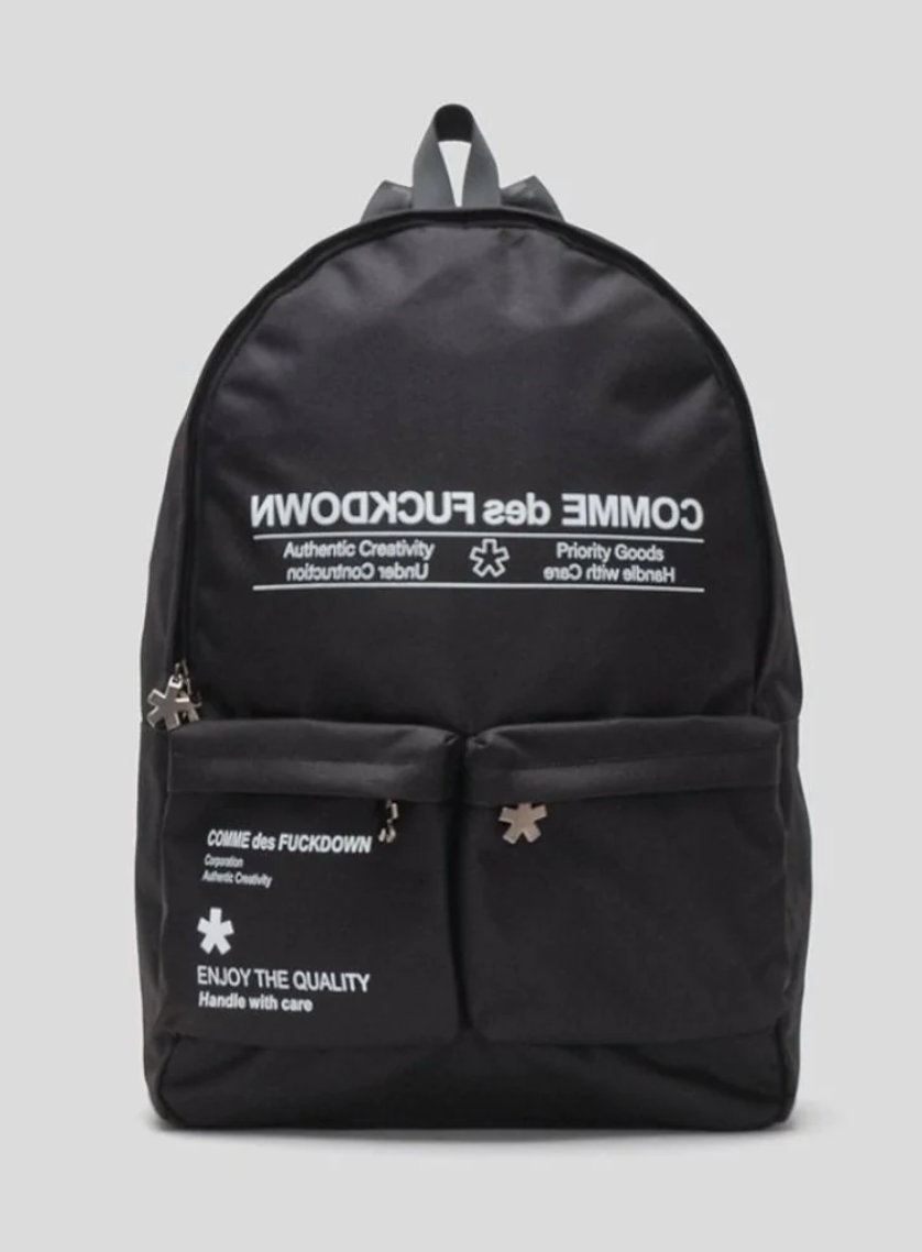 Sleek Black Designer Backpack with Bold Graphics