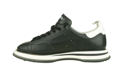 Elegant Black Leather Sneakers with White Sole