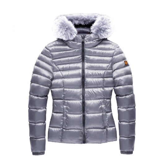 Chic Padded Down Jacket with Fur Hood in Gray