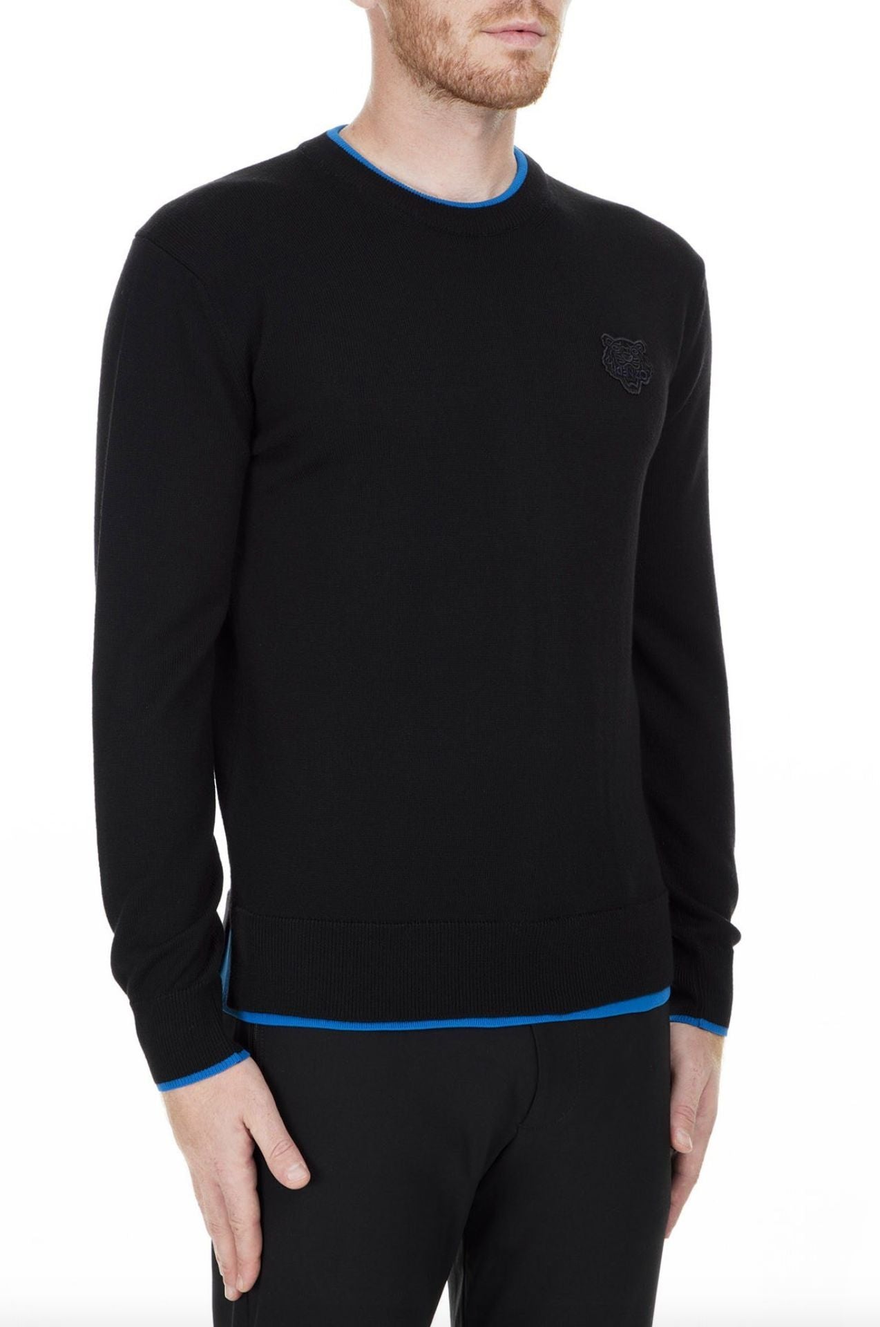 Sleek Black Roundneck Sweater with Blue Accents